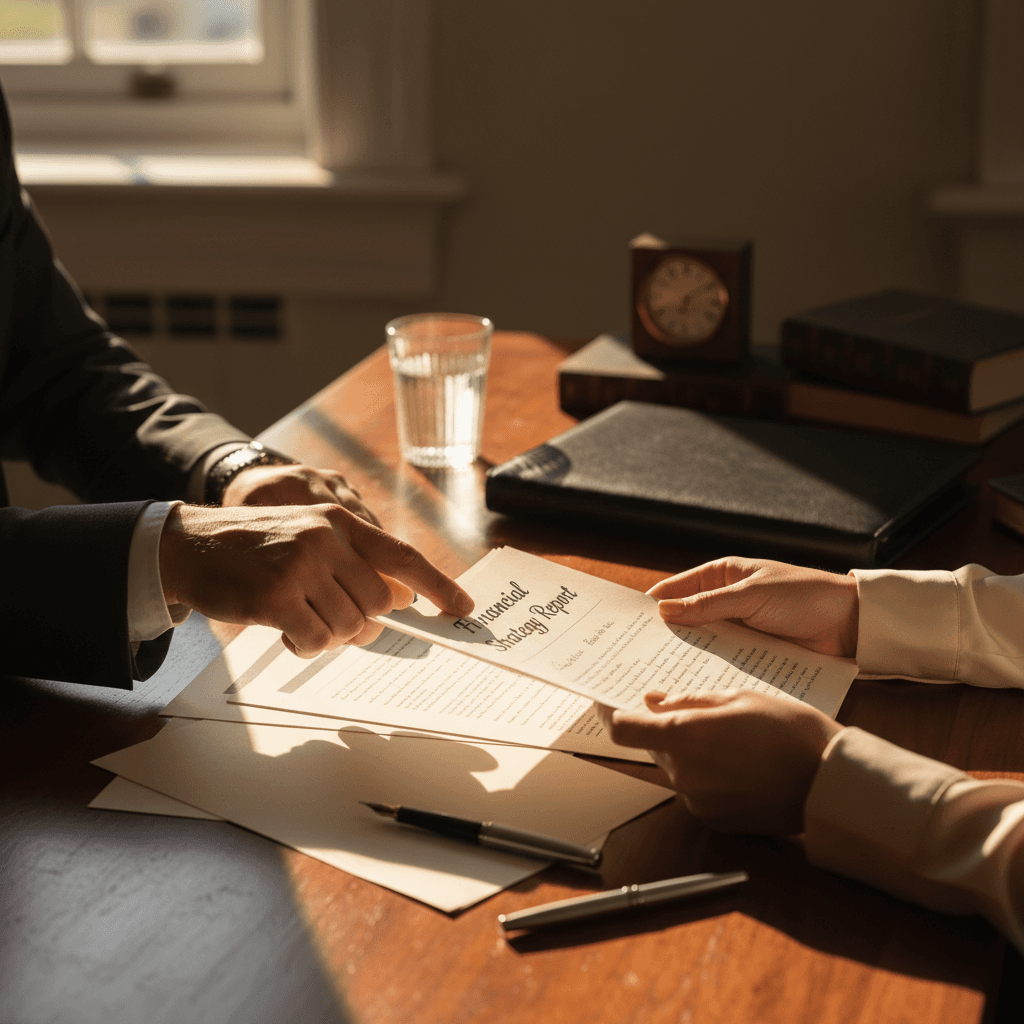 Professional advisor reviewing investment documents and financial strategy