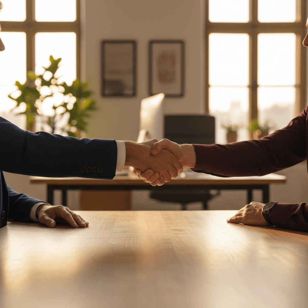 Business professionals in trusted partnership handshake