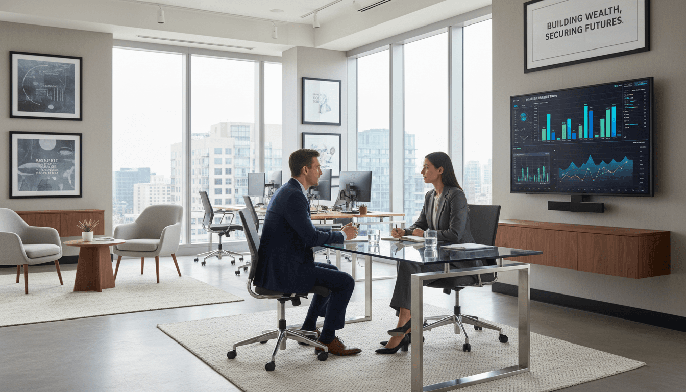 Professional advisor in modern office discussing wealth strategy with client