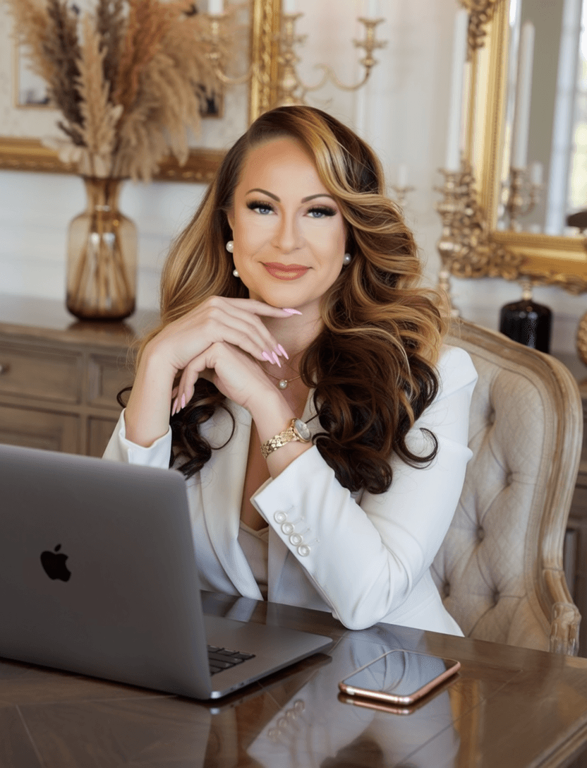 Smiling woman in a white blazer sits at a desk with a laptop and phone.